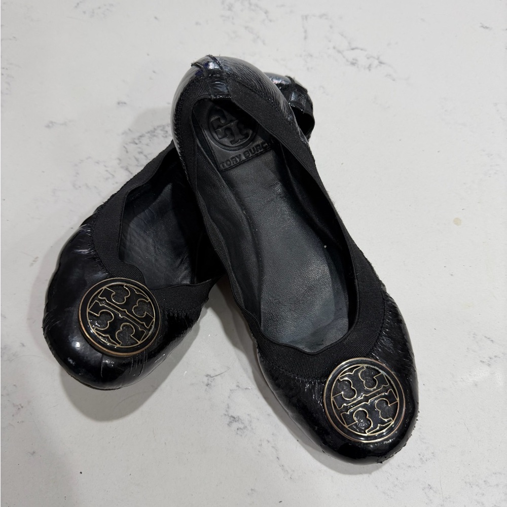 Tory Burch Black Leather Flats with Gold Logo